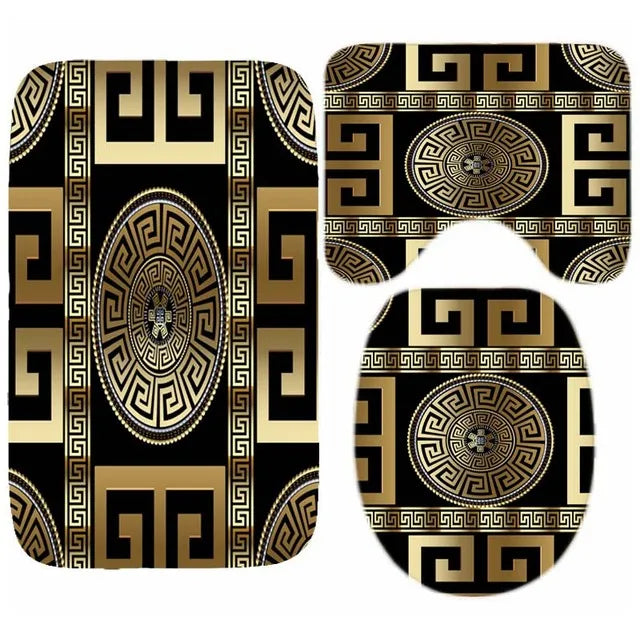 3D Luxury Black Gold Greek Shower Curtain, Rug Decor