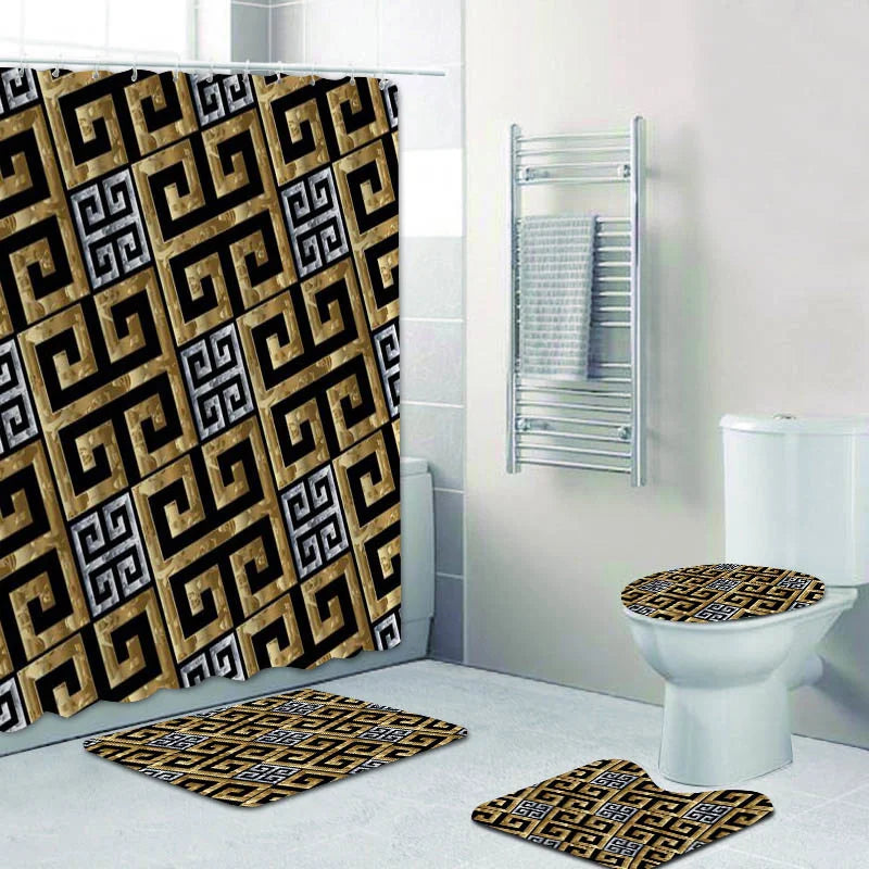 3D Luxury Black Gold Greek Shower Curtain, Rug Decor