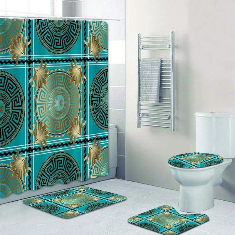 3D Luxury Black Gold Greek Shower Curtain, Rug Decor