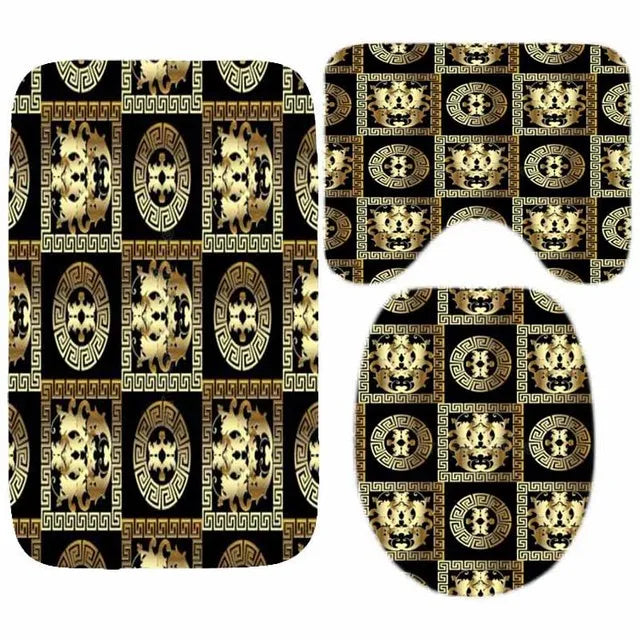 3D Luxury Black Gold Greek Shower Curtain, Rug Decor