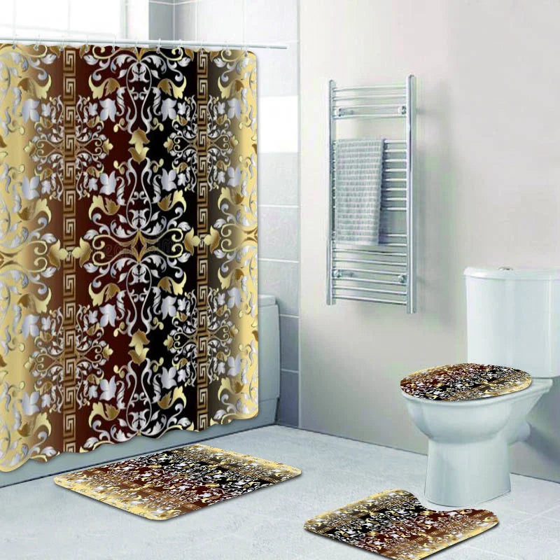 3D Luxury Black Gold Greek Shower Curtain, Rug Decor