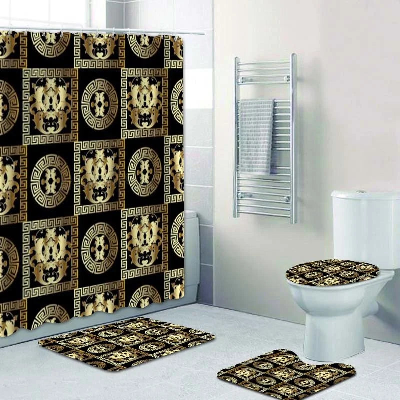 3D Luxury Black Gold Greek Shower Curtain, Rug Decor