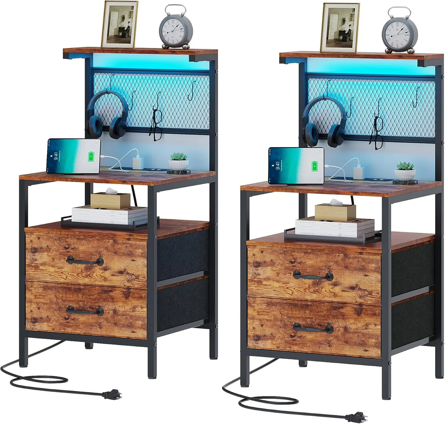 Nightstand, Bedside Table, Side Table, Shelves w/ Hooks