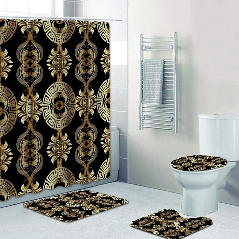 3D Luxury Black Gold Greek Shower Curtain, Rug Decor