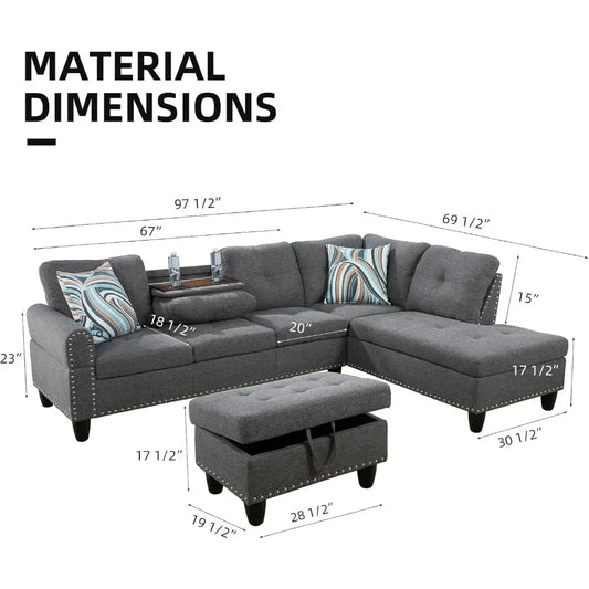 L Shaped Sofa w/ Ottoman Sectional