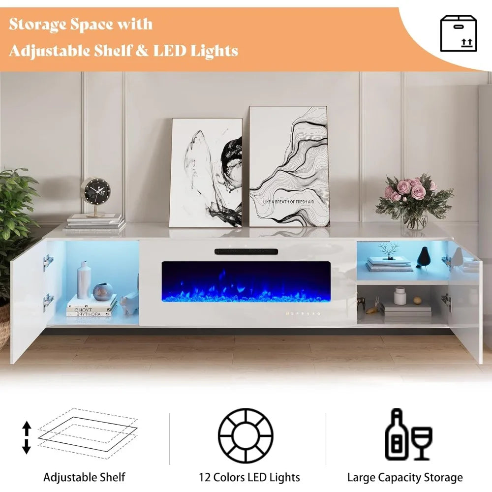 Floating Electric Fireplace, LED Lights, TV Stand
