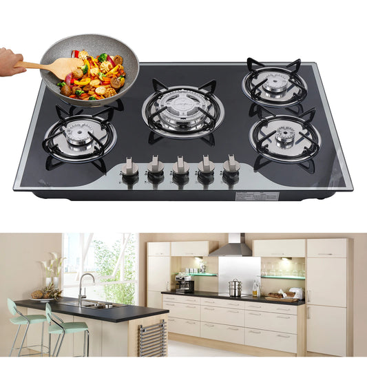 Gas Cooktop Built-in 5 Burner Stove, Tempered Glass