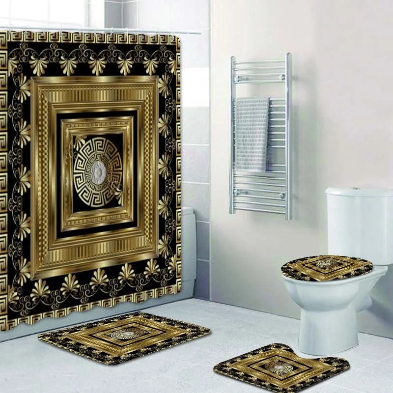 3D Luxury Black Gold Greek Shower Curtain, Rug Decor