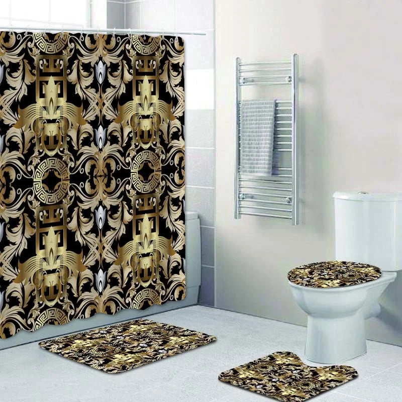 3D Luxury Black Gold Greek Shower Curtain, Rug Decor