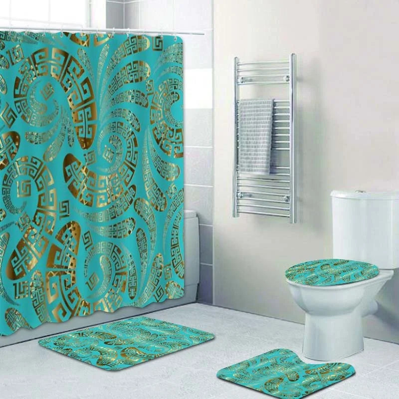 3D Luxury Black Gold Greek Shower Curtain, Rug Decor