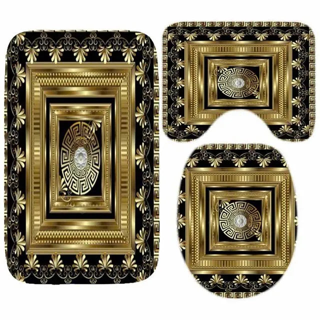 3D Luxury Black Gold Greek Shower Curtain, Rug Decor
