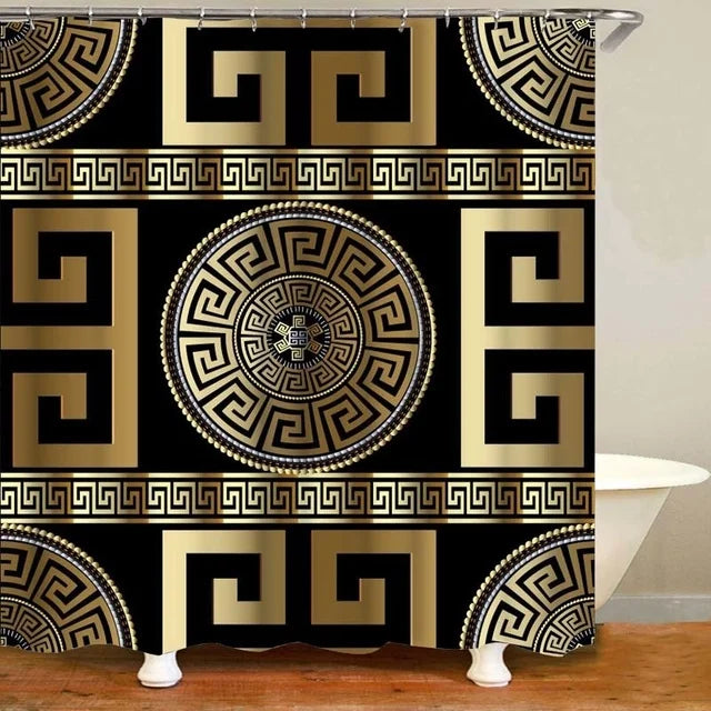 3D Luxury Black Gold Greek Shower Curtain, Rug Decor