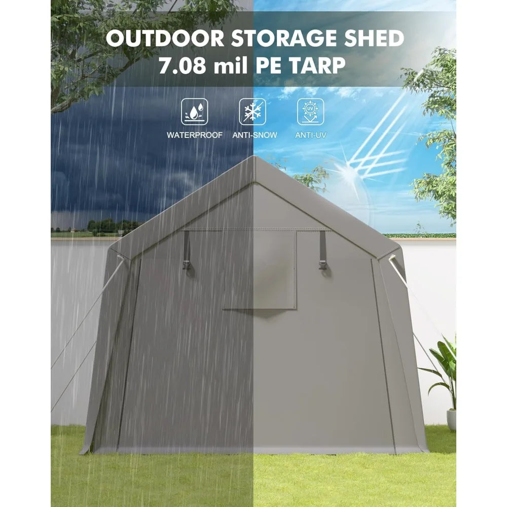 Carport Storage Shed Garage with Rolled Up Zipper Door, Heavy-Duty Waterproof Tarpaulin, Portable, 6x8 Feet