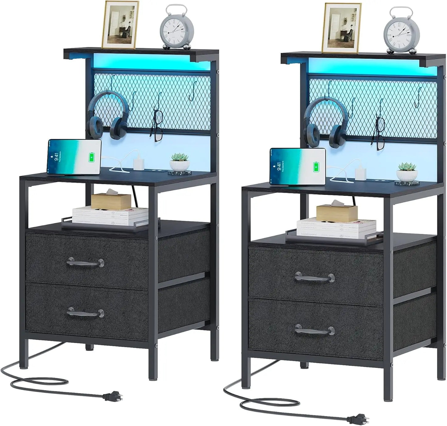 Nightstand, Bedside Table, Side Table, Shelves w/ Hooks