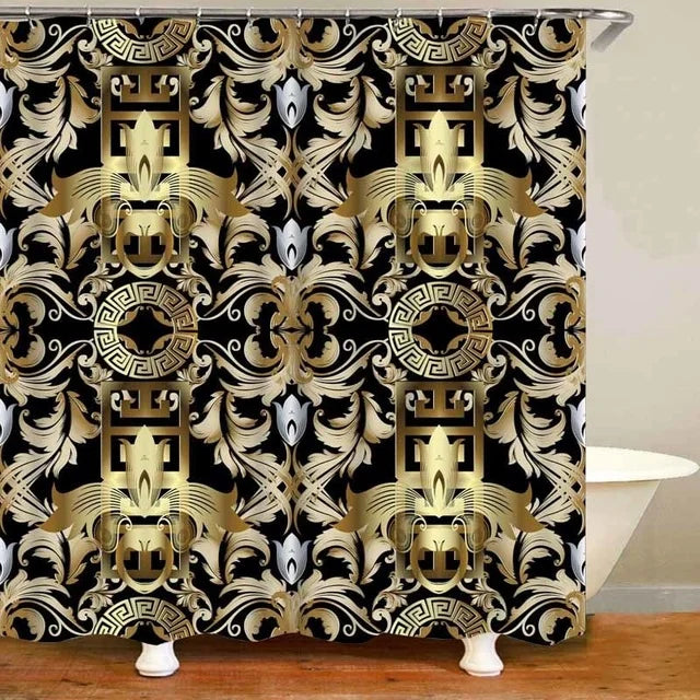 3D Luxury Black Gold Greek Shower Curtain, Rug Decor