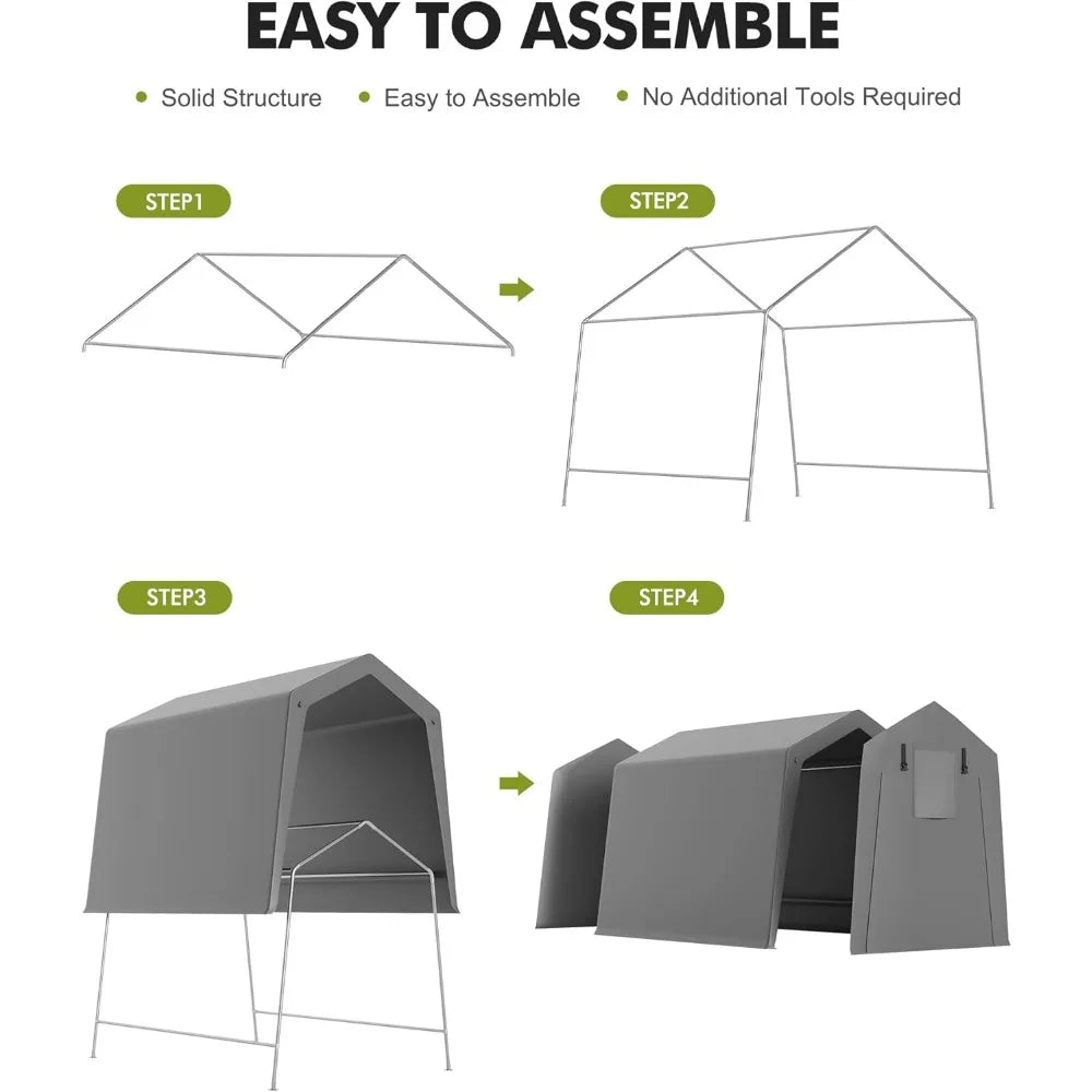 Carport Storage Shed Garage with Rolled Up Zipper Door, Heavy-Duty Waterproof Tarpaulin, Portable, 6x8 Feet