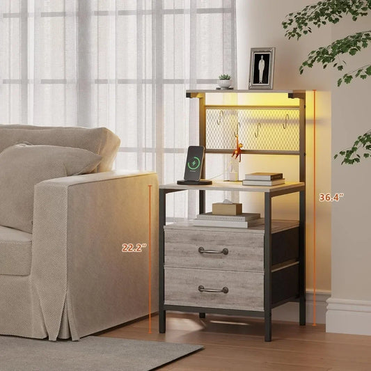 Nightstand, Bedside Table, Side Table, Shelves w/ Hooks