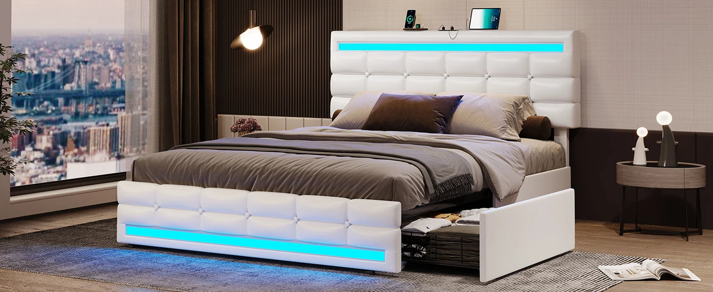Leather Platform Bed ,LED Bed Frame Queen Size