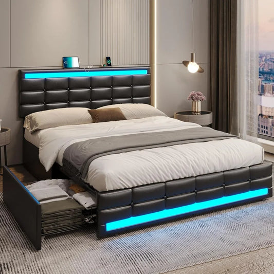 Leather Platform Bed ,LED Bed Frame Queen Size