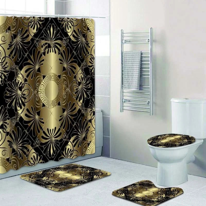 3D Luxury Black Gold Greek Shower Curtain, Rug Decor