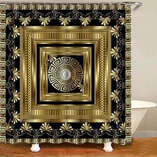 3D Luxury Black Gold Greek Shower Curtain, Rug Decor