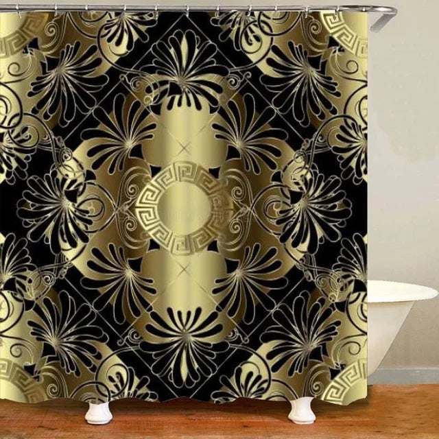3D Luxury Black Gold Greek Shower Curtain, Rug Decor