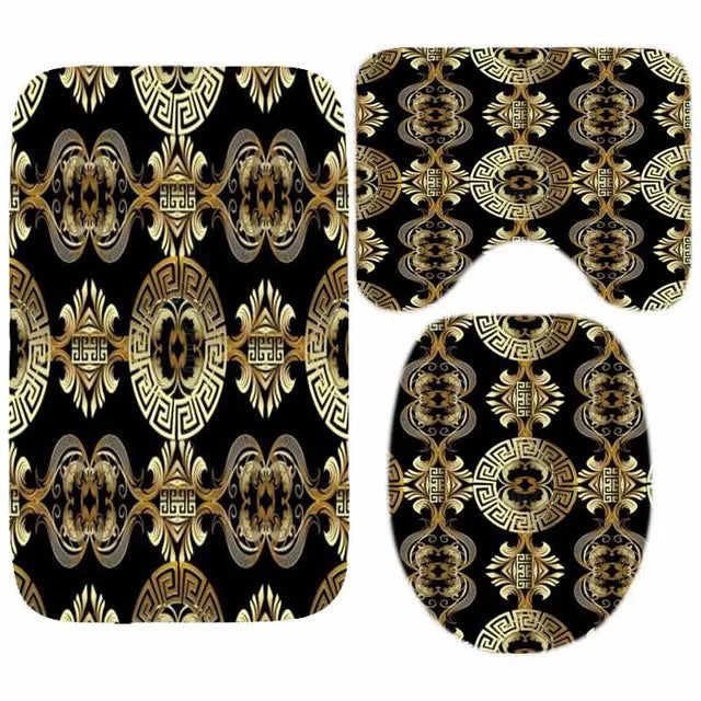 3D Luxury Black Gold Greek Shower Curtain, Rug Decor