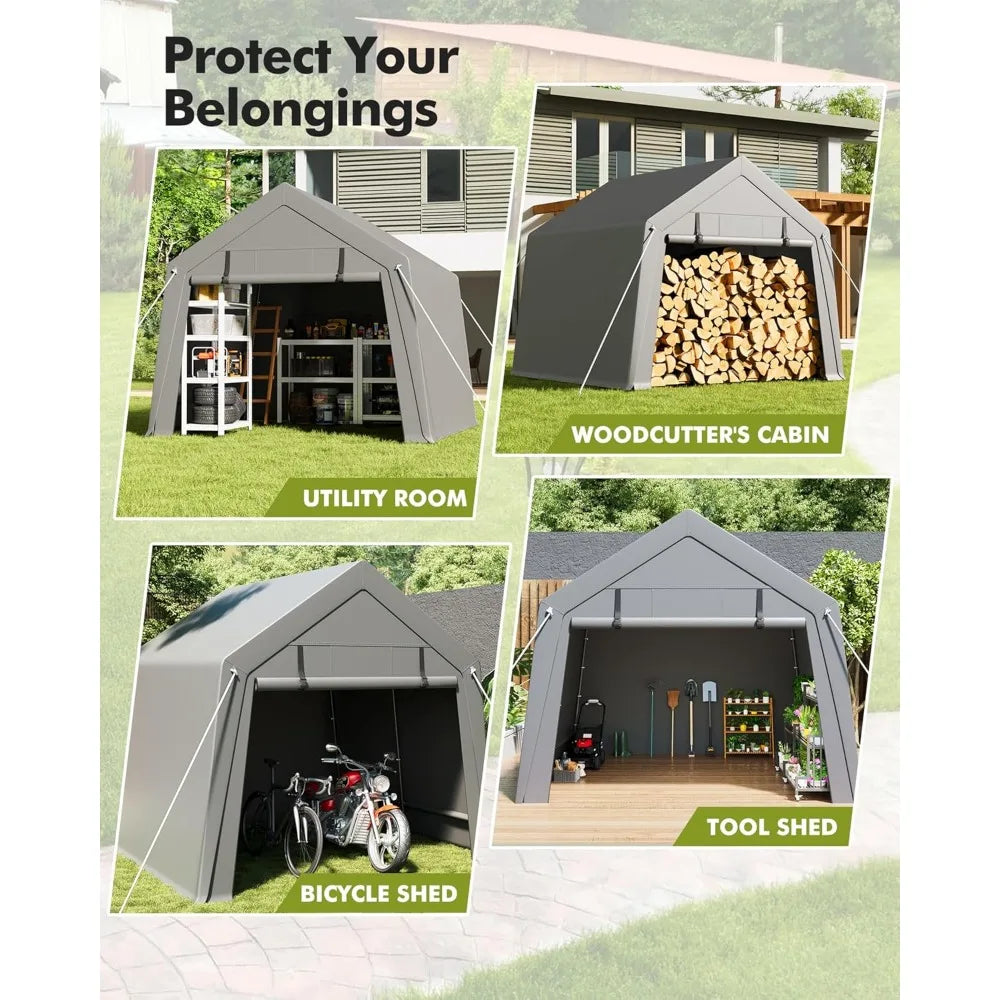 Carport Storage Shed Garage with Rolled Up Zipper Door, Heavy-Duty Waterproof Tarpaulin, Portable, 6x8 Feet