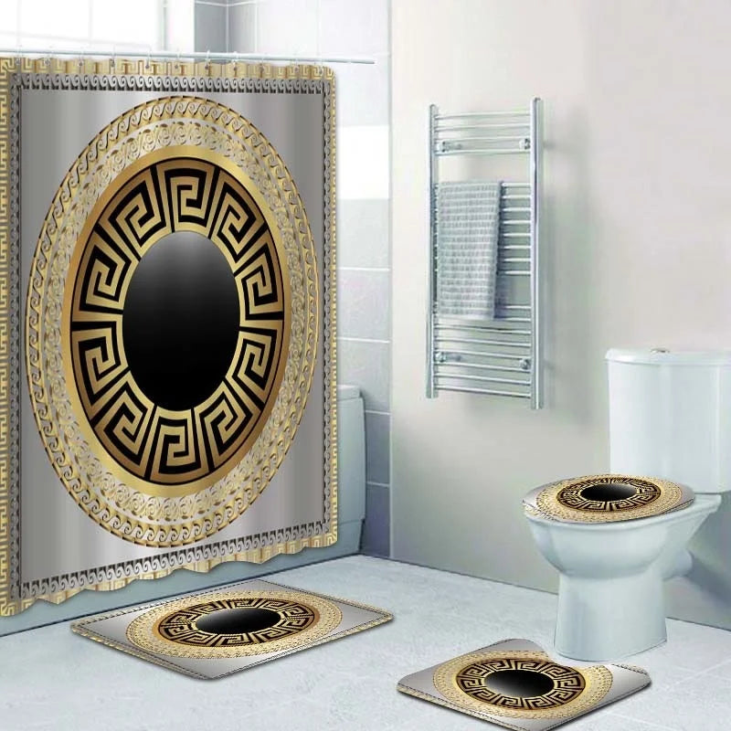 3D Luxury Black Gold Greek Shower Curtain, Rug Decor