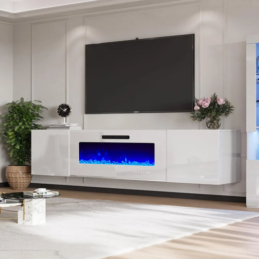 Floating Electric Fireplace, LED Lights, TV Stand
