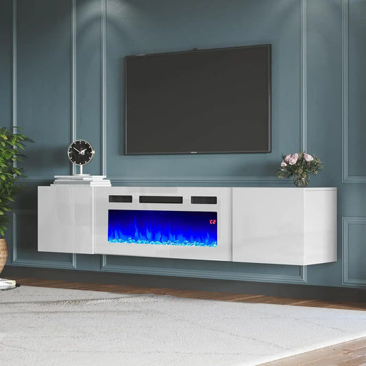 Floating Electric Fireplace, LED Lights, TV Stand
