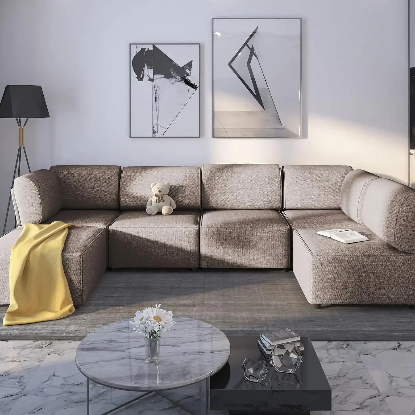 U-Shaped Sectional Sofa w/ Ottoman,  Convertible Sofa Bed