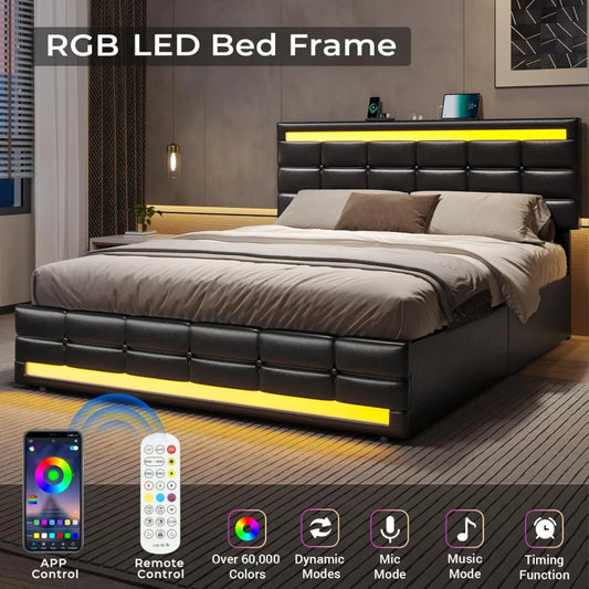 Leather Platform Bed ,LED Bed Frame Queen Size