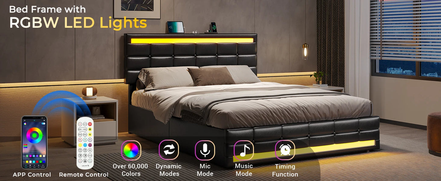 Leather Platform Bed ,LED Bed Frame Queen Size
