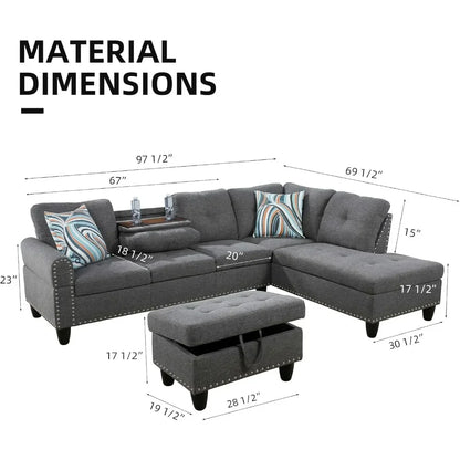 L Shaped Sofa w/ Ottoman Sectional
