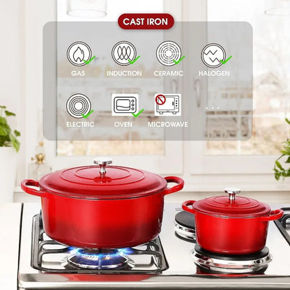 Enameled Cast Iron Dutch Oven Set, Red
