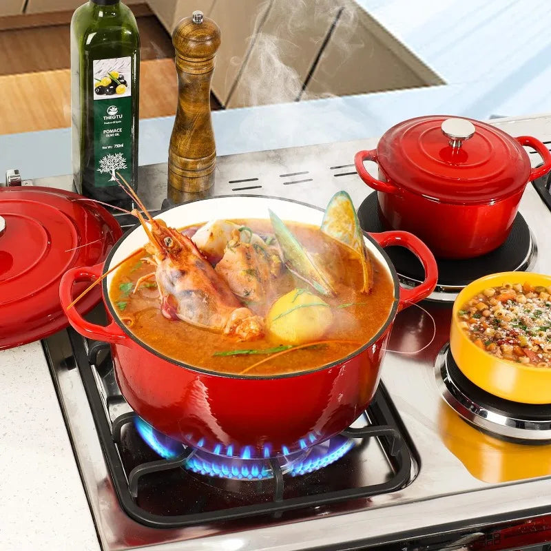 Enameled Cast Iron Dutch Oven Set, Red