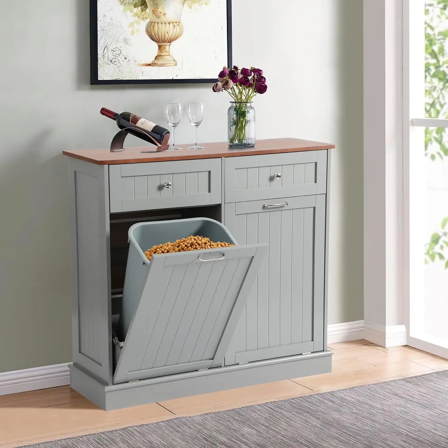 Tilt Out Trash Can/Recycling Cabinet, Dog Proof