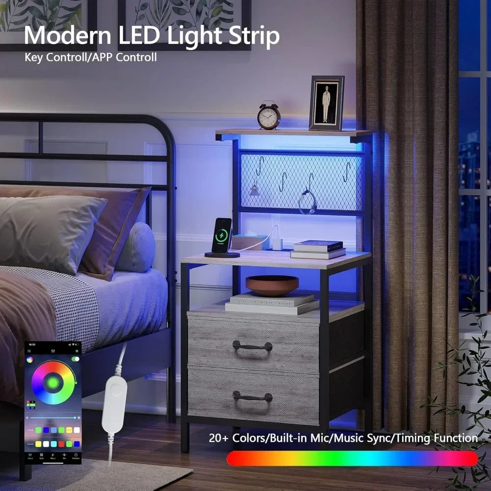 Nightstand, Bedside Table, Side Table, Shelves w/ Hooks