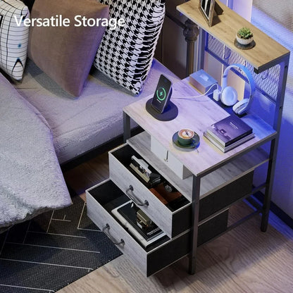 Nightstand, Bedside Table, Side Table, Shelves w/ Hooks