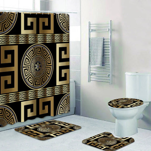 3D Luxury Black Gold Greek Shower Curtain, Rug Decor