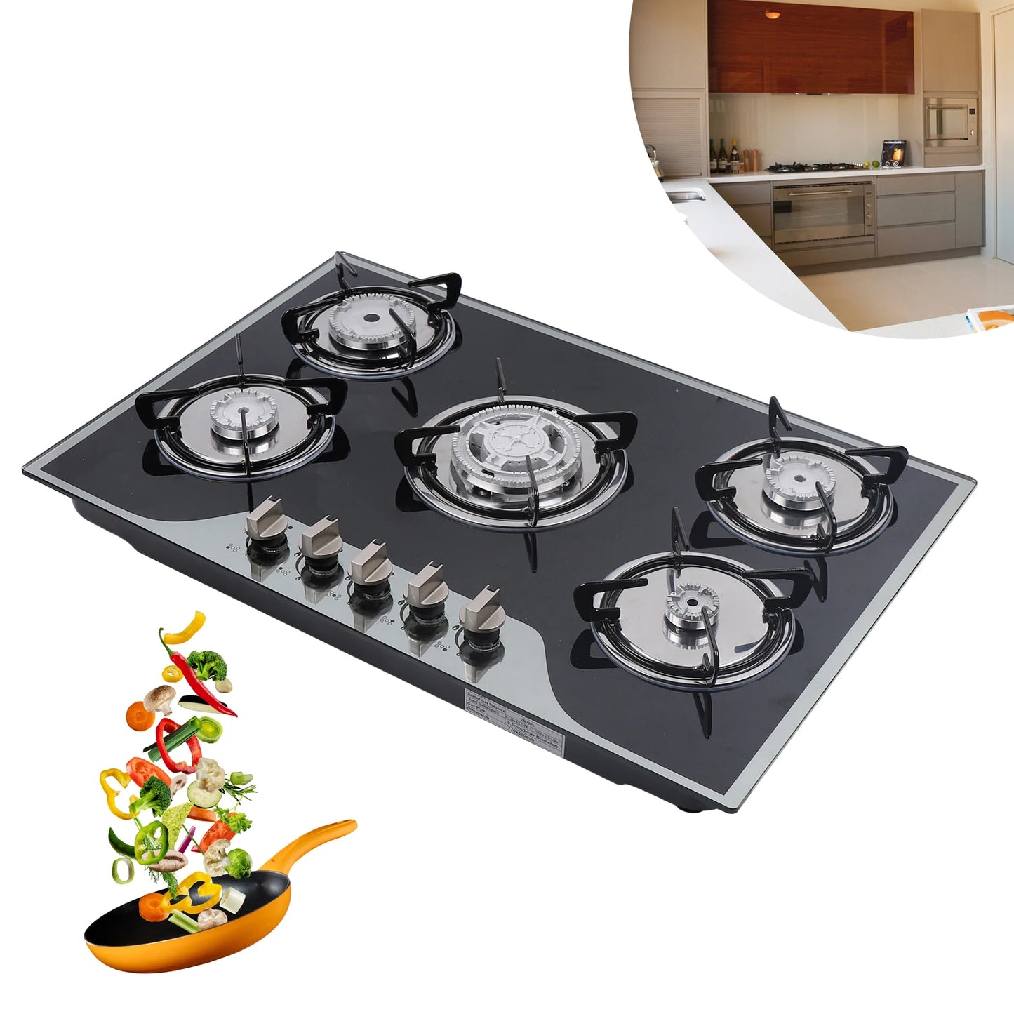 Gas Cooktop Built-in 5 Burner Stove, Tempered Glass