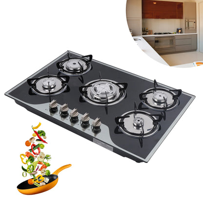 Gas Cooktop Built-in 5 Burner Stove, Tempered Glass