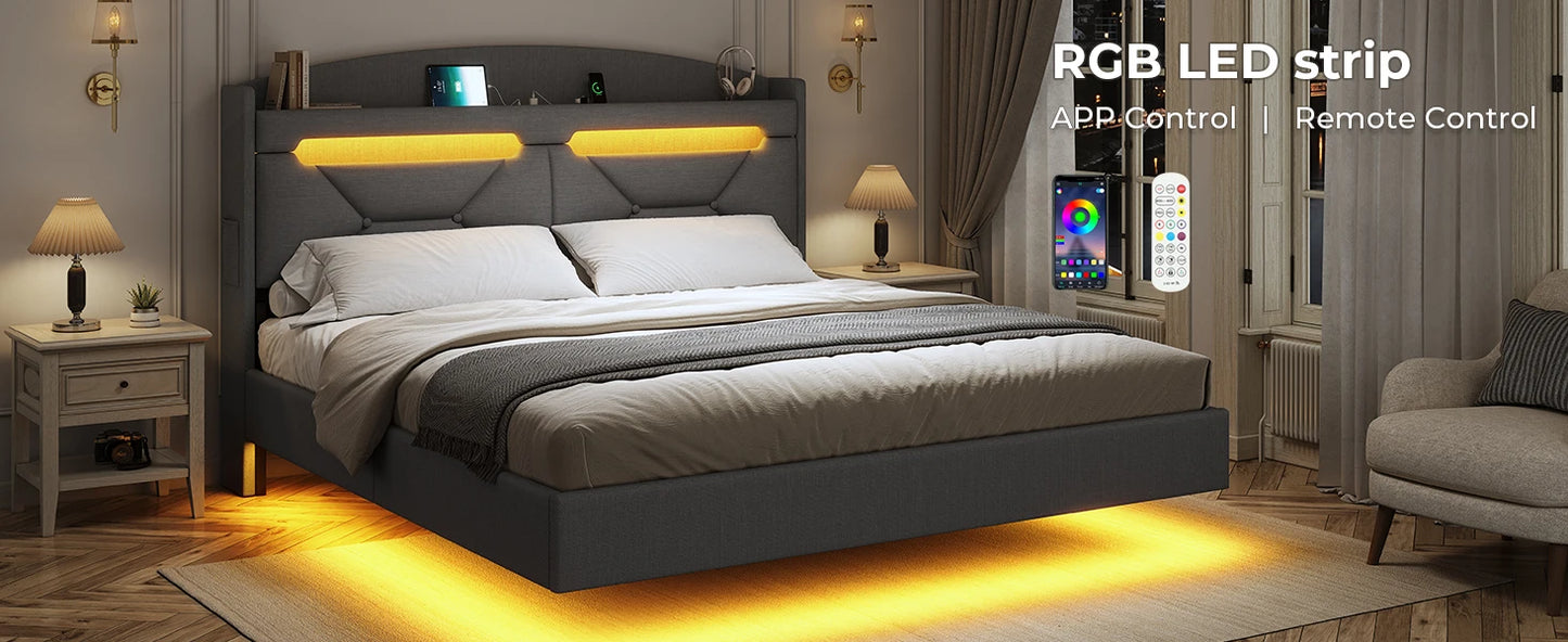 Leather Platform Bed ,LED Bed Frame Queen Size