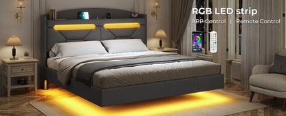 Leather Platform Bed ,LED Bed Frame Queen Size