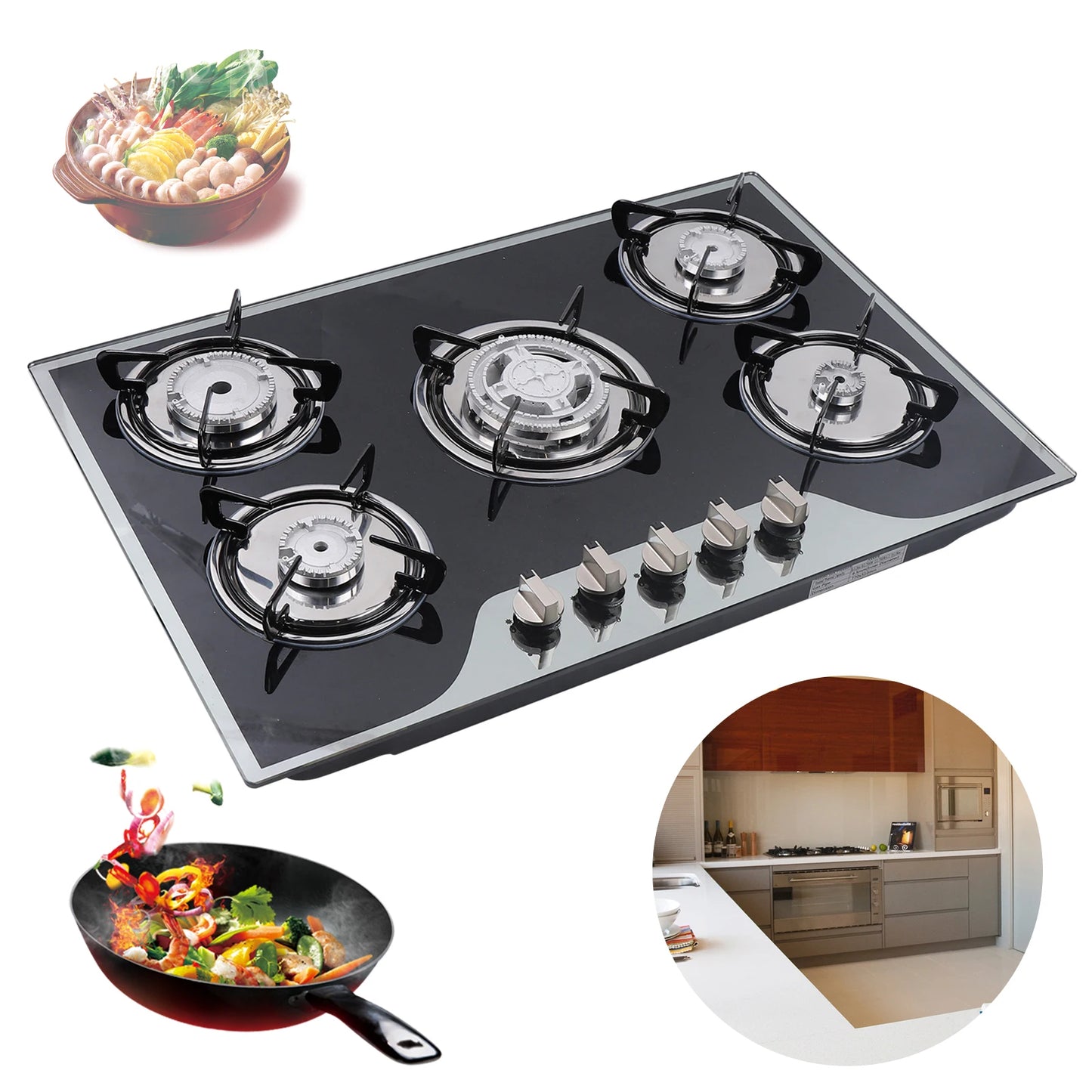 Gas Cooktop Built-in 5 Burner Stove, Tempered Glass