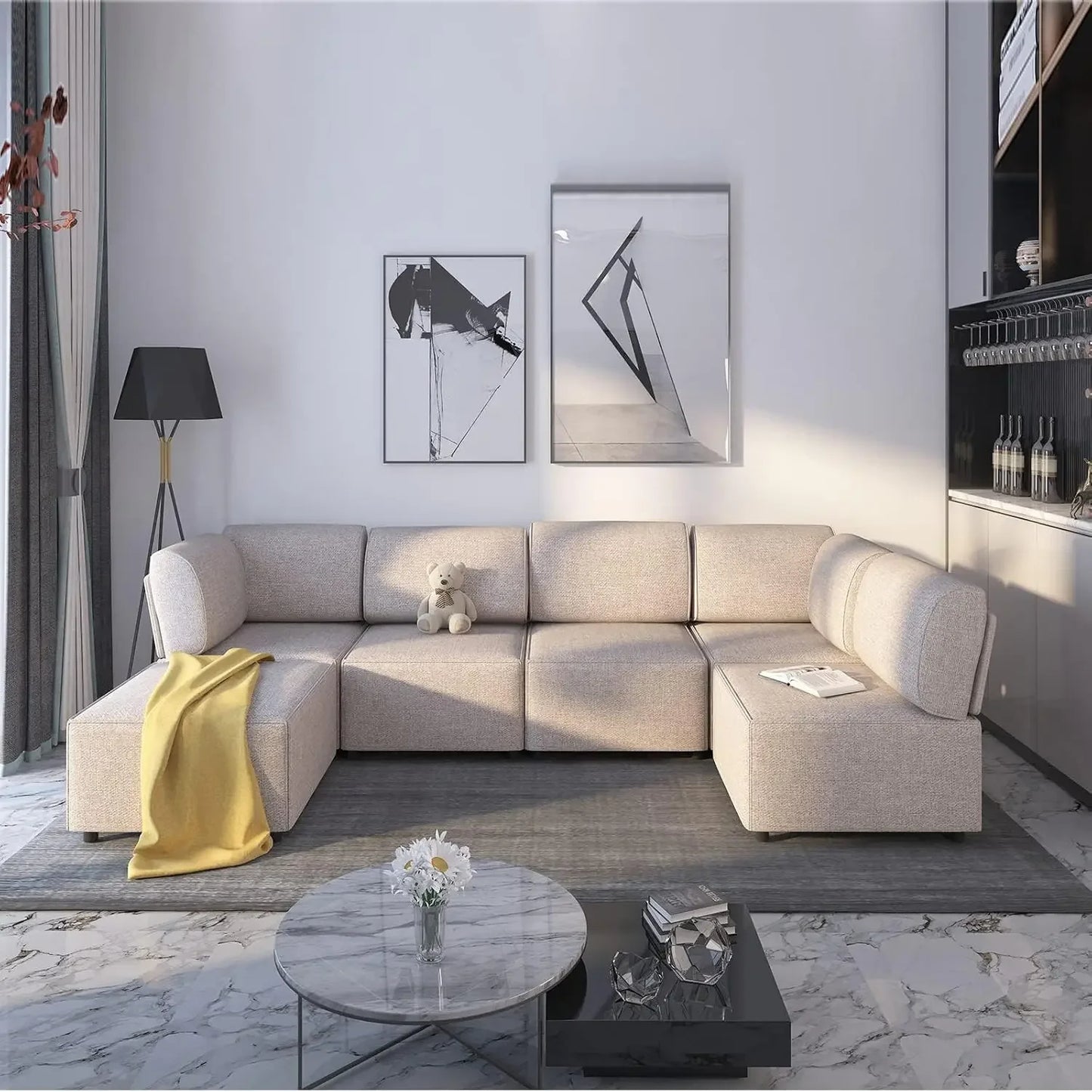 U-Shaped Sectional Sofa w/ Ottoman,  Convertible Sofa Bed