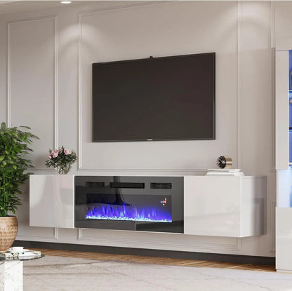 Floating Electric Fireplace, LED Lights, TV Stand