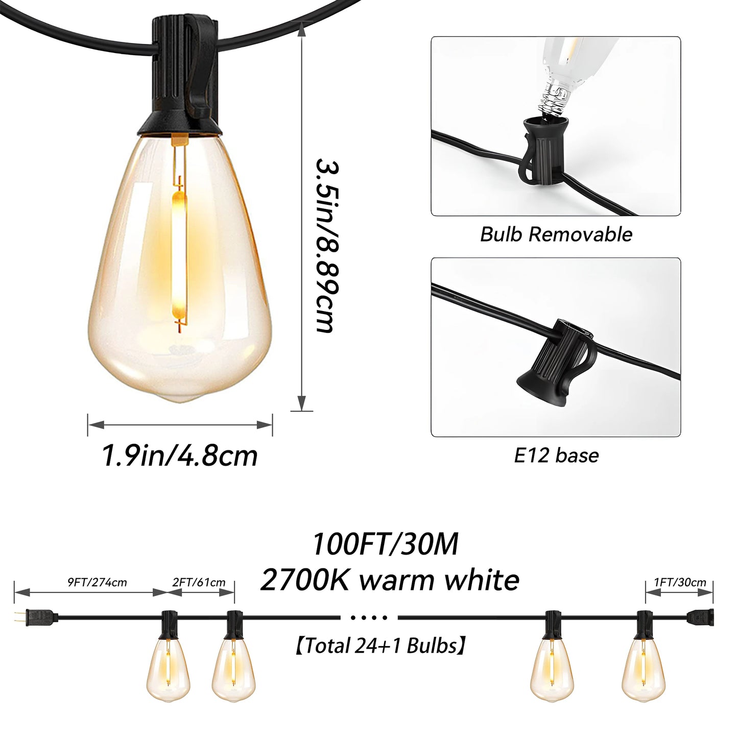 100ft Outdoor String Lights Waterproof, p Led Patio Lights
