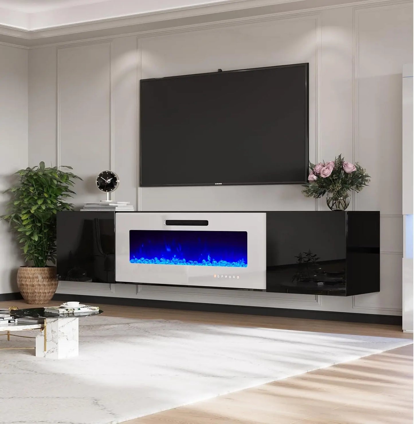 Floating Electric Fireplace, LED Lights, TV Stand